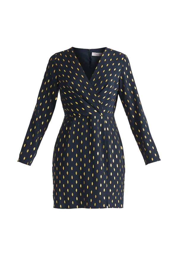 Gold Foil Print Mini Wrap Dress with Slit in Navy and Gold Cut Out